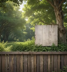 Fototapeta premium Outdoor poster on weathered fence, leafy park backdrop, design, rustic