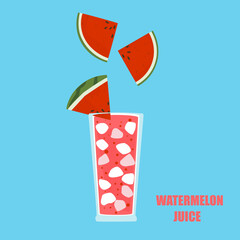 Vector illustration of a cartoon-style drink, watermelon juice, fruit juice, ice in a tall glass. Bright and fun modern style. It is used in drink menu design, advertisement, food, and health websites