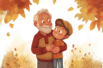 Fototapeta premium Grandfather and grandson embrace autumn