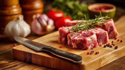 Raw meat on cutting board in kitchen