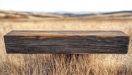 Rustic wooden plank display in a golden field