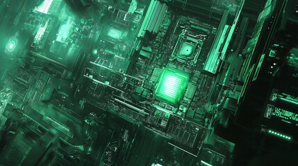 Fototapeta premium Abstract green futuristic technology circuit board design illustration data chip grid dark neon lines
