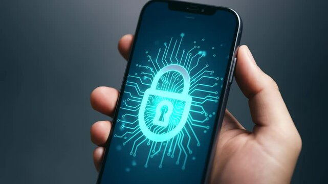 Hand holding smartphone with digital security lock icon on screen  technology and data protection concept