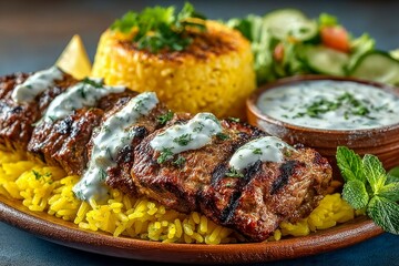 Grilled Meat Delight with Yellow Rice and Fresh Salad Garnished with Herbs and Creamy Sauce