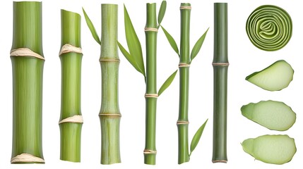 Green Bamboo Stalks, Stems, Leaves and Cross Sections