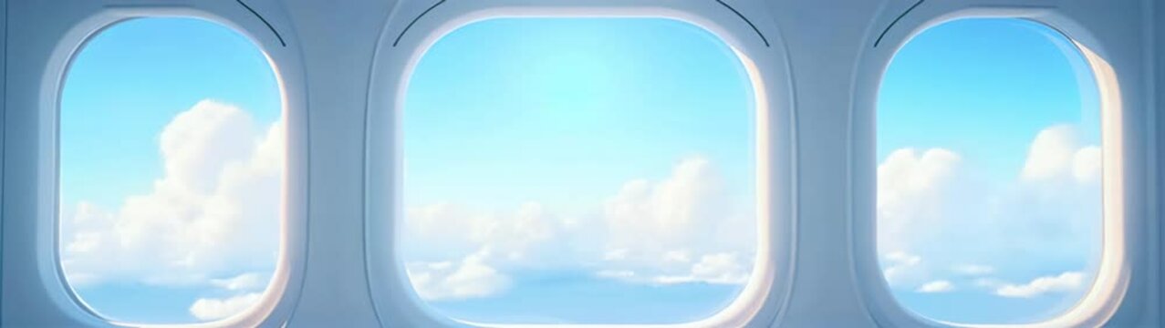Airplane Windows with a view of the sky and clouds