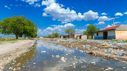 A desolate landscape with trash along a waterway, showcasing environmental issues in an underdeveloped area.