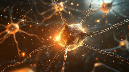 Microscopic detailed neuron cell network detailed golden anatomy 3d art body glow nerve human brain