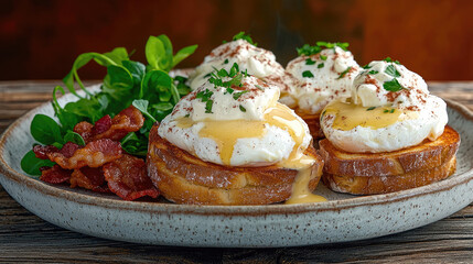 Three eggs Benedict on toasted bread with bacon and greens