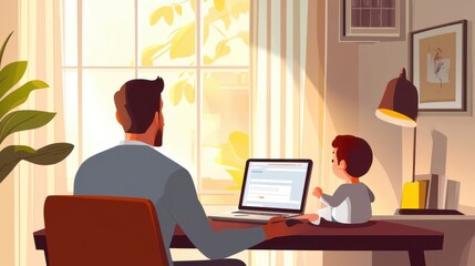Father balancing remote work with childcare, creating a cozy family atmosphere