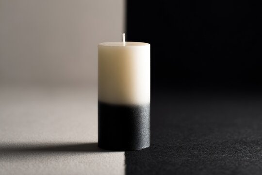 Elegant studio shot of a minimalist two-toned pillar candle on a contrasting background.