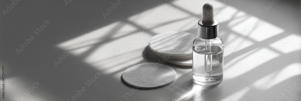 Poster Dropper Bottle and Sterile Pads on White Tabletop With Shadows Creating an Elegant and Serene Atmosphere in a Well-Lit Setting