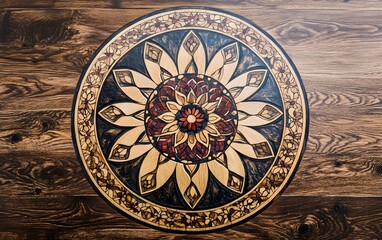 Naklejka premium Intricate Wooden Mandala Design Circular Pattern on Dark Wood