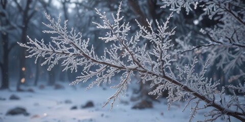 Frosty branches, ethereal snowflakes fall gently , icy, silhouette, snow