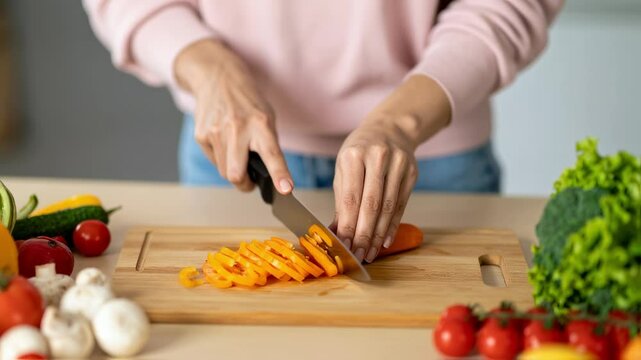 Close-Up of Woman&rsquo;s Hands Slicing Vegetables on Wooden Cutting Board for Healthy Meal Prep

