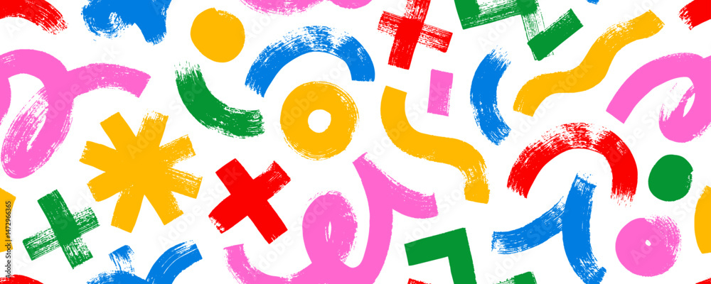 Poster abstract funky seamless pattern with childish bold geometric lines, figures and quirky shapes. hand 