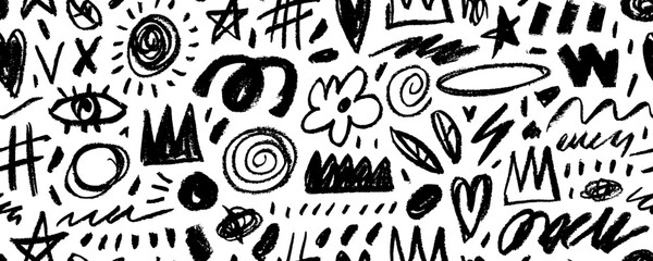Seamless banner design with crayon drawn funky shapes, lines and doodles. Freehand cute kid scribbles and squiggles, flowers, cute girly shapes. Childish seamless pattern with texture lines.