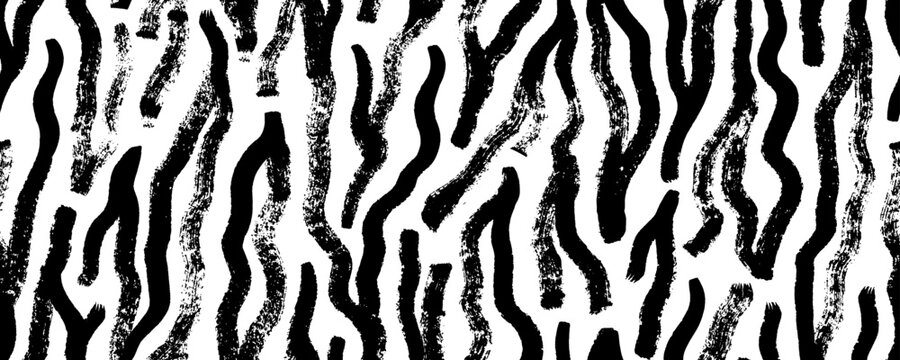 Brush drawn zebra motif seamless pattern. Curved and wavy vertical stripes, bold brush strokes background. Graphic animal texture. Abstract grunge vector seamless banner design. Naive zebra wallpaper.