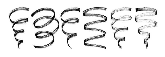 Abstract curved bold brush strokes, spirals and curly lines. Hand drawn vector graphic ribbons, bold curls and curved brush strokes. Creative abstract squiggles, confetti ribbons. Calligraphy smears.