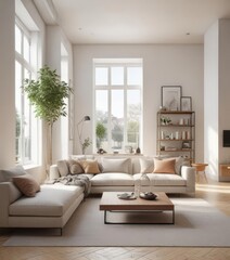 Fototapeta premium Bright, airy living room with minimalist furniture and modern decor, clean, stylish, light