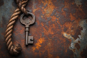 Rusty key and rope on weathered metal