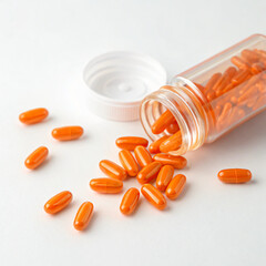 bottle with bright orange capsules, isolated on white
