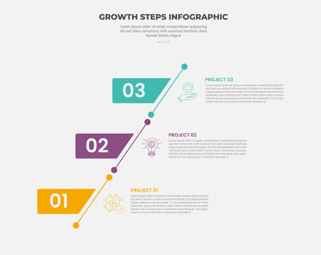 growth steps journey concept infographic outline style with 3 point template with skew or slope line with rectangle badge for slide presentation