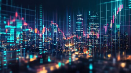 City skyline overlaid with financial data visualizations, showcasing a dynamic blend of urban development and market trends