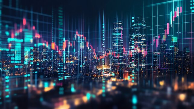 City skyline overlaid with financial data visualizations, showcasing a dynamic blend of urban development and market trends