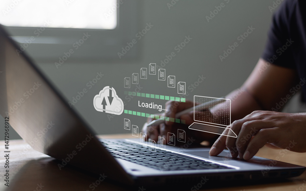 Poster data transfer technology concept. cloud backup data download management, exchange file copy, dms loa