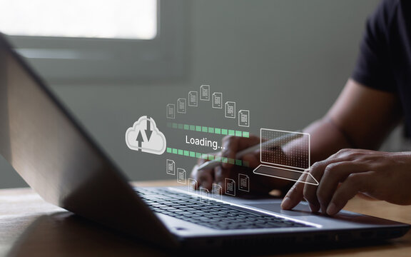 Data transfer technology concept. Cloud backup data download management, Exchange file copy, DMS loading. FTP(File Transfer Protocol) files recovery computer backup. Transfer document to data folder.