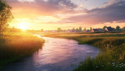 Obraz premium Serene rural sunset over a tranquil river. Fields and houses bathed in warm golden light