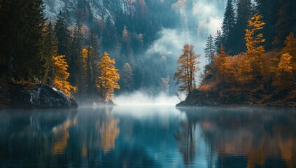 Naklejka premium Misty autumn lake nestled in a mountain valley. Colorful trees reflect in tranquil water