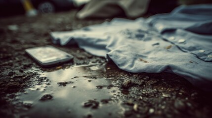 Muddy puddle reflecting a discarded phone and clothes.