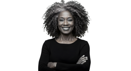black and white Portrait of a smiling senior African American woman with standing arms crossed, isolated on transparent background