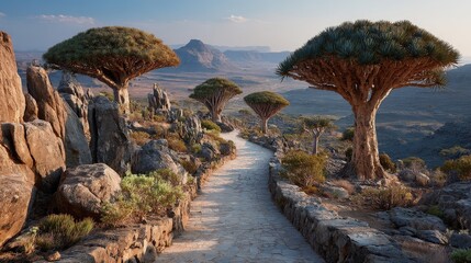Winding path through a Dragons Blood Tree forest, showcasing unique flora and scenic beauty in a tranquil setting.