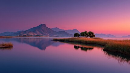 Fototapeta premium A serene twilight scene of Detwah Lagoon with peaceful reflections captured in a stunning image.