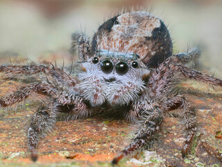 An Extreme Focus Stacked Close-up Image of a Tan Jumping Spider on a Brick Wall