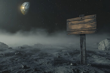 Fototapeta premium A wooden signpost stands on a desolate lunar landscape, with Earth visible in the starry sky above