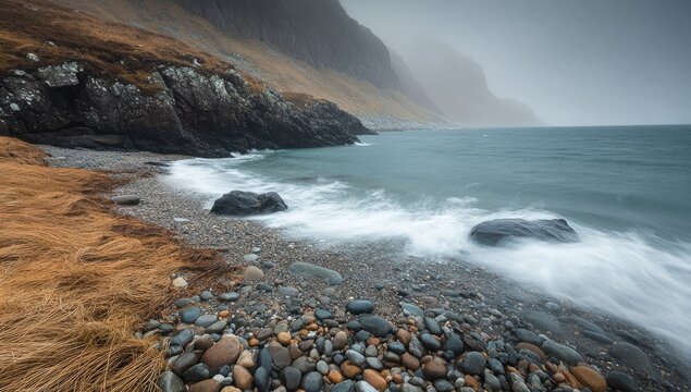 Coastal scene of a pebble beach, mist-shrouded mountains and churning waves