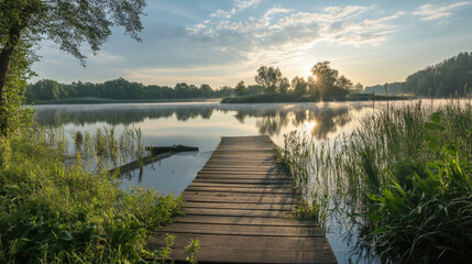 Fototapeta premium Tranquil wooden path over calm water