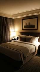 Inviting interior view of a neatly made up hotel bedroom with soft ambient lighting