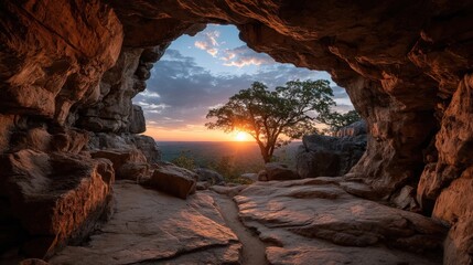 A cave entrance silhouetted against a vibrant sunset sky, capturing a serene natural landscape.