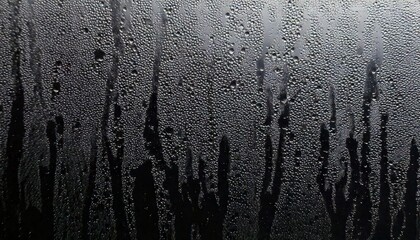 Black, surface, condensation, fog, glass, window — a dramatic close-up reveals the intricate texture of fine droplets forming on smooth transparent glass, creating a moody and atmospheric visual of na