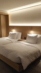 Inviting Hotel Room with Two Beds, Wooden Headboard, and Comfortable White Bedding