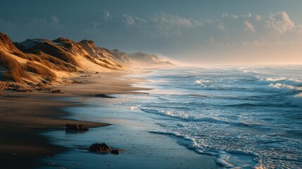Fototapeta premium Wide-angle view of ocean waves gently crashing at the shoreline, showcasing natural beauty and tranquility.