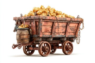 A rustic wooden cart overflowing with golden nuggets perfect for treasure hunting and fantasy