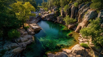 A green pool surrounded by rocky terrain, offering a serene top view of nature's beauty.