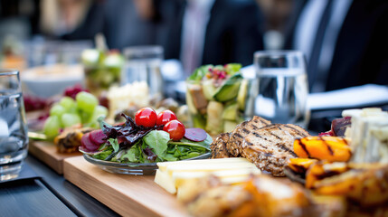 Assortment of gourmet foods on wooden platter
