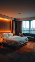 Obraz premium Spacious Hotel Room with Large Bed, Couch, and Natural Light Coming through the Curtained Window